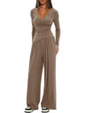 Long Sleeve V-neck T-shirt Loose-fit Wide-leg Pants Leisure 2-piece Sets