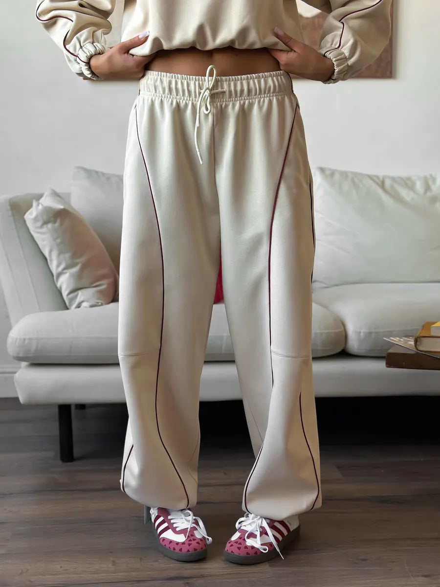 American Retro Color-blocked Striped Tracksuit For Women Two-piece Set: Collared Half-zip Sweatshirt And High-waisted Wide-leg Sweatpants