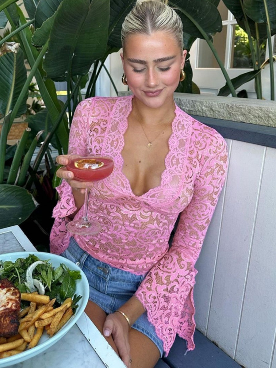 Sexy Deep V Slim Fit Short Navel Trim Long Sleeve Lace Top