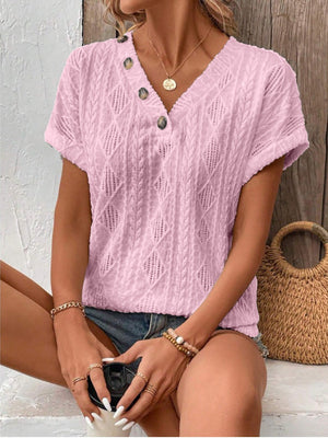 V-neck Button-down Loose Short-sleeved T-shirt