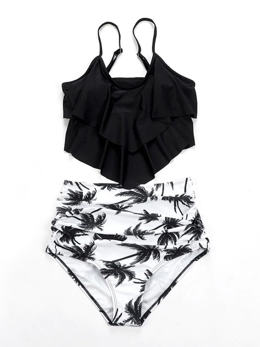 Ruffled Multi-Layer Coconut Tree Print Bikini
