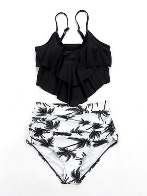 Ruffled Multi-Layer Coconut Tree Print Bikini