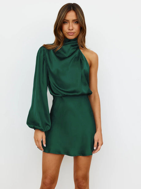Satin One-shoulder Long-sleeved Round Neck Short Dress