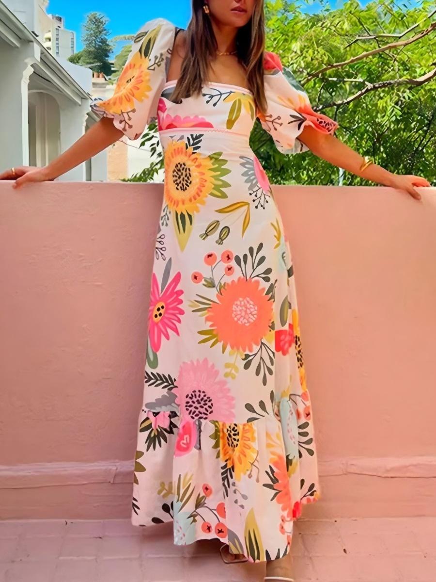 Elegant And Fashionable Printed Lantern Short Sleeves Maxi Dresses