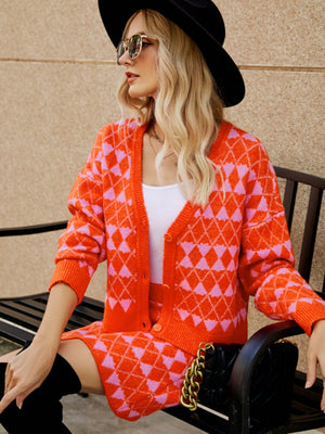 Liber Spring Women's Contrasting colors Diamond Two-piece suit V-neck cardigan A-line skirt Long sleeve