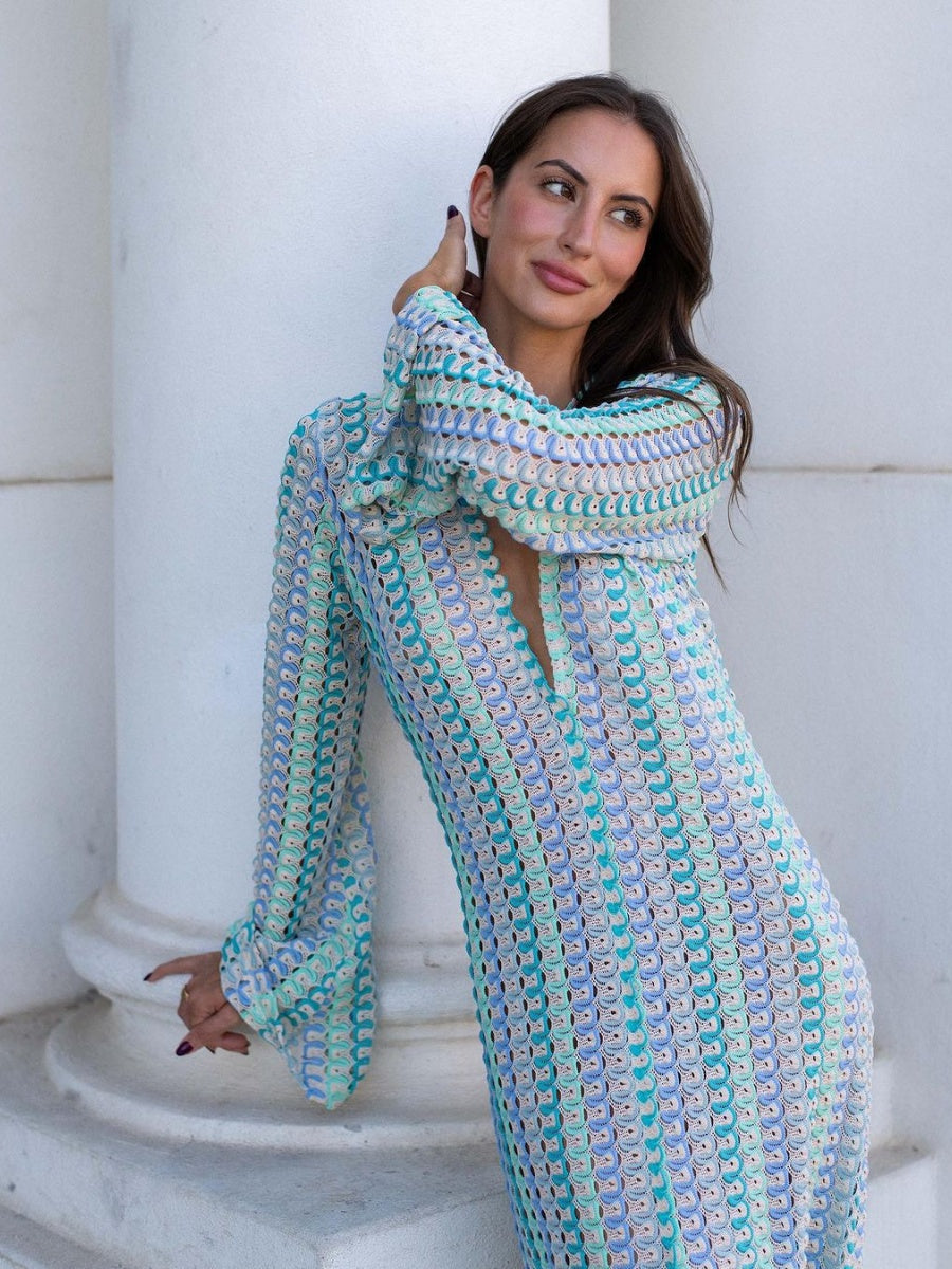 V-neck With Cutout Geometric Pattern Slit Beachwear