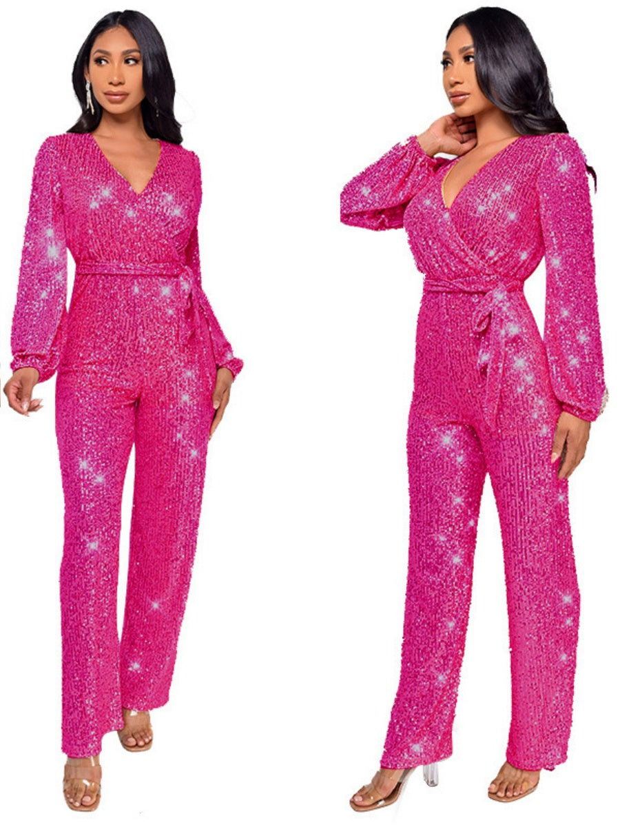 Deep V Long Sleeve Belt Sequins Jumpsuit