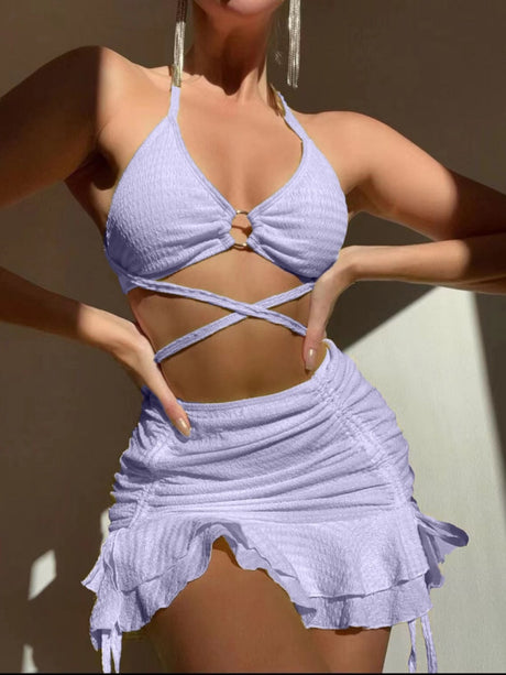 Textured Fabric Strappy Bikini Three-piece Set