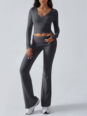 V-neck Long Sleeve Pants Pleated Navel Solid Color 2-piece Sets