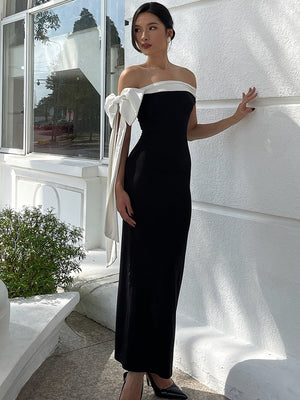 Elegant Off-shoulder Ribbon Sleeveless Fitted Bodycon Long Dress