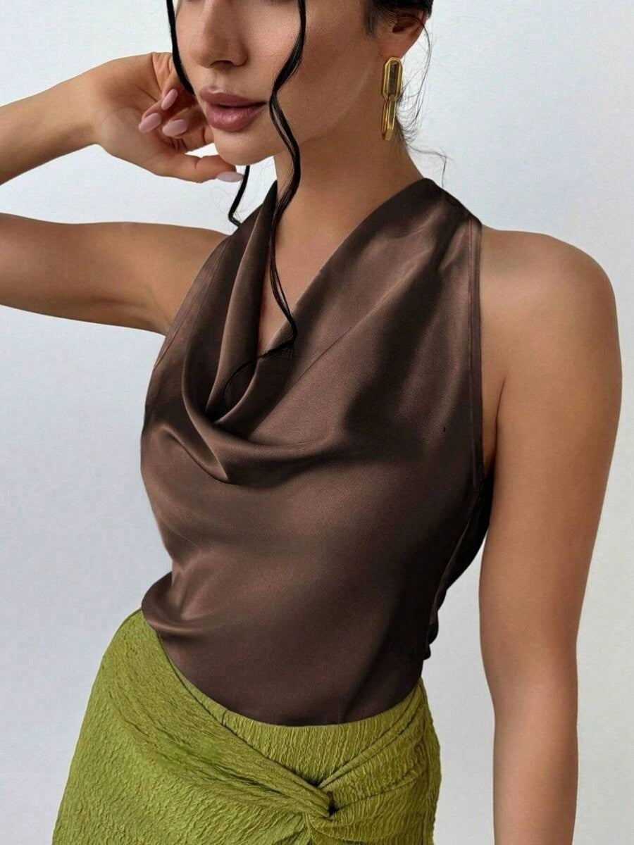 Pleats Solid Color Sexy Sleeveless Satin Satin Vest