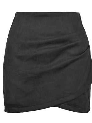 Suede Solid Color Hip Irregular Pleats Zipper Short Skirts