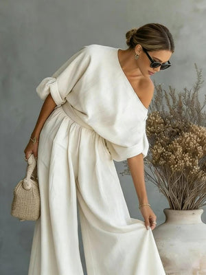 Loose-fit Off-shoulder Jacket Wide-leg Pants Set 2-piece Sets