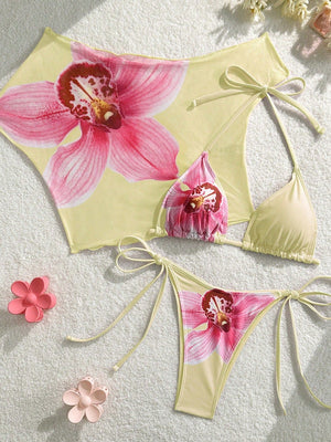 Finalized Floral Print Tie-up Bikini Three-piece Set