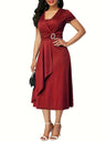 Grace Asymmetrical Knitting Large Skirt V-neck Midi Dresses