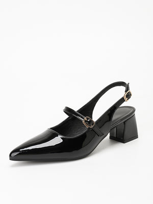 Metal Buckle Pointed Toe Open Back Chunky Heel Mary Jane Shoes