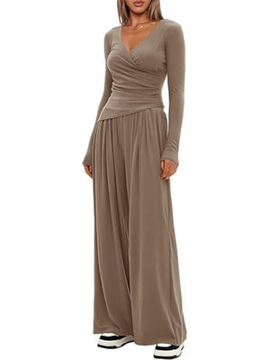 Long Sleeve V-neck T-shirt Loose-fit Wide-leg Pants Leisure 2-piece Sets