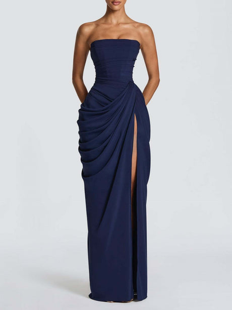 Asymmetrical Pleated Sexy High-slit Strapless Pleated Long Dress