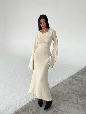 Robe maxi en maille Wood Ear, dos nu, coupe ajustée, taille haute, lacets, manches cloche