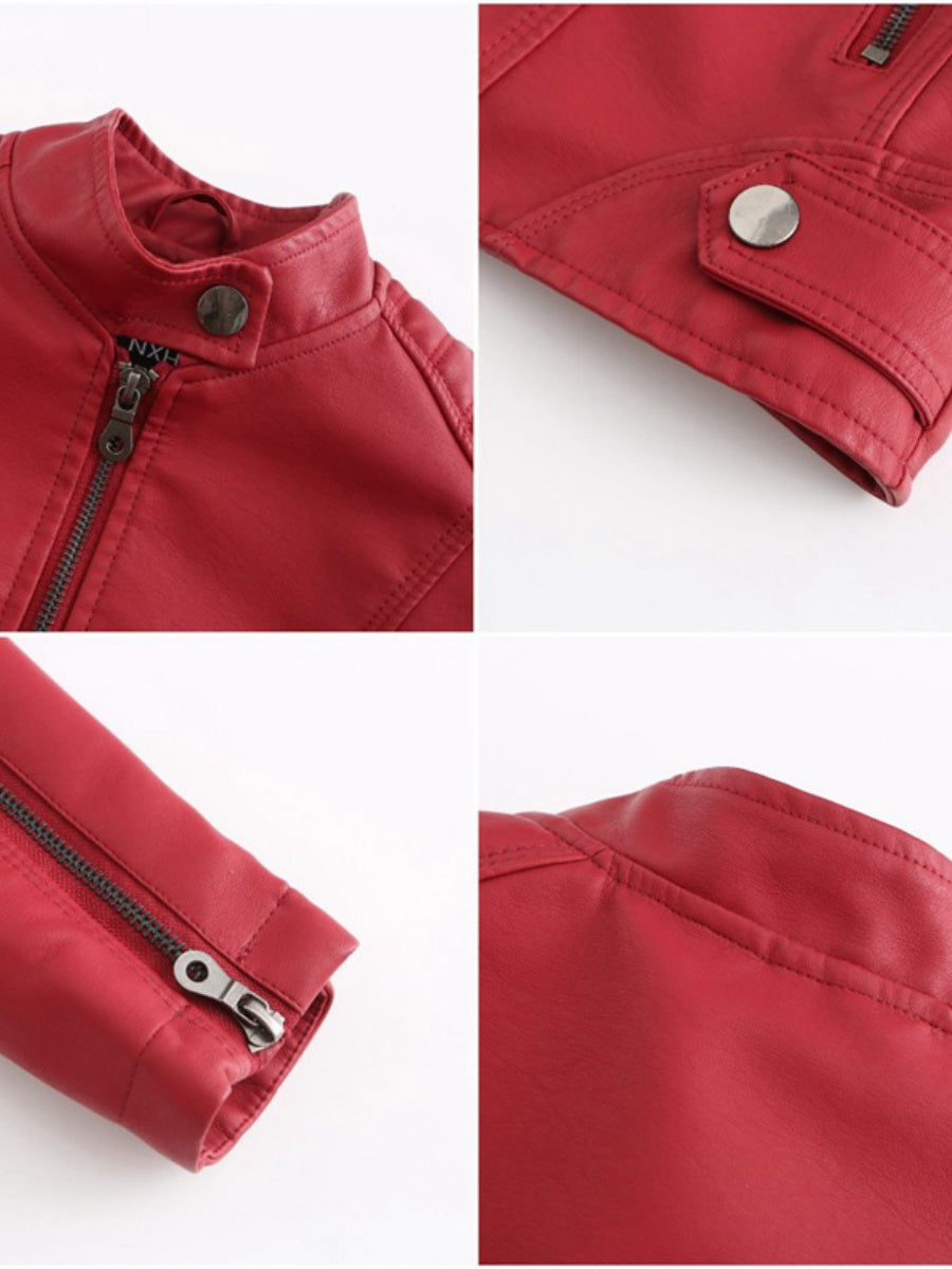 Street Cool Thin Stand Collar Zipper Leather Jacket