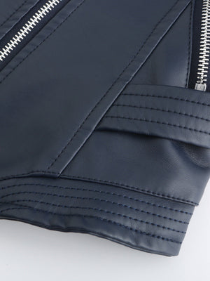 PU Leather Lapel Slim Fit Long Sleeve Short Jacket