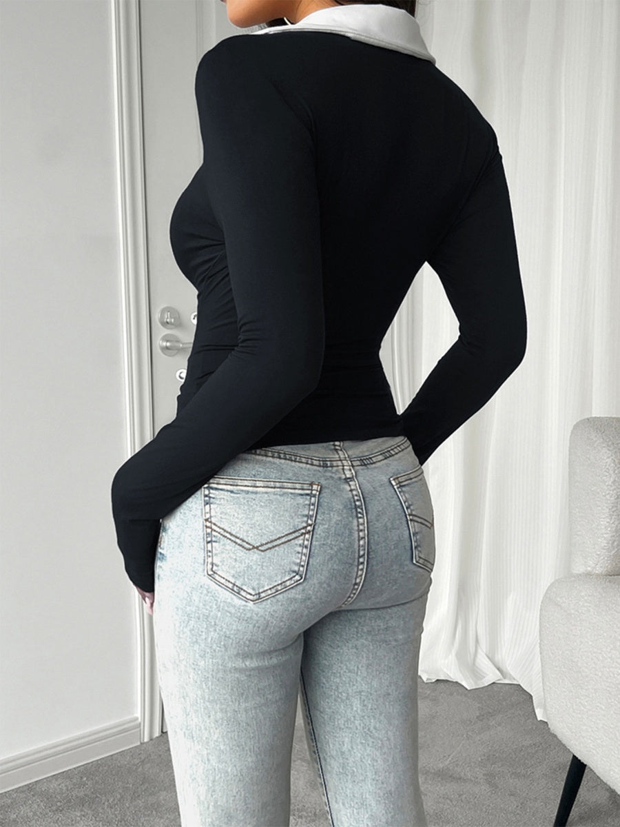 Simplicity Contrast Lapels Long Sleeve T-shirts