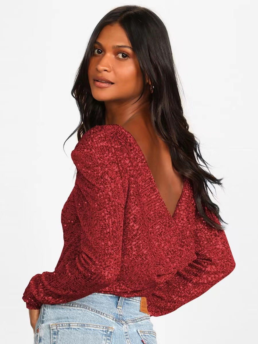 Long-sleeved, Slim-fit, Round Neck, Shimmering, Openwork Bodysuit