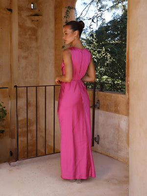 Satin Deep V Sleeveless Backless Long Dress
