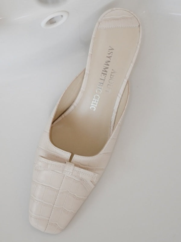 BIUCILI Original Design French-style Crocodile-patterned Cowhide Bow Low-cut High-heeled Mule Slippers For Women.