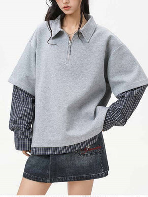 Layered-look Color-blocked Plaid Notch-Collar Zipper Sweatshirts&Hoodies
