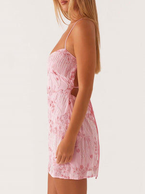 Sequin Beads Spaghetti Strap Backless Tie Sweet Mini&Short Dresses