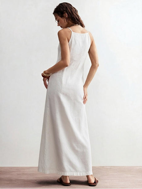 Cotton Linen Slit Spaghetti Strap Long Dress