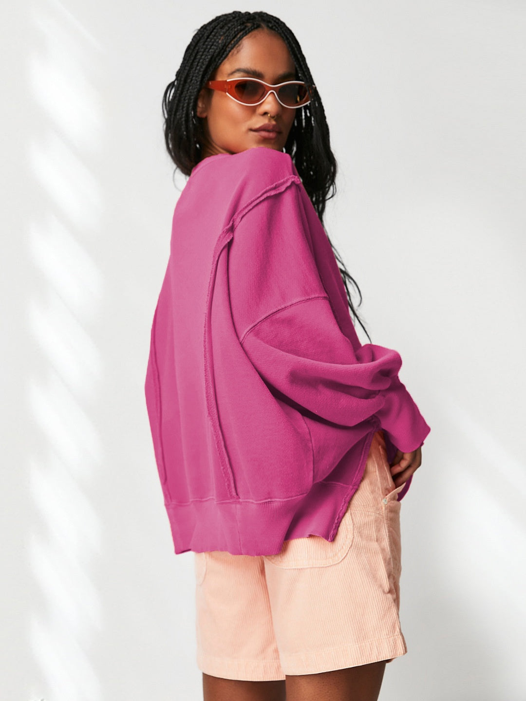 Women's Autumn/Winter Solid Color Frayed Edge Long Sleeve Side-Slit Sweatshirt