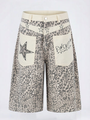 Retro Leopard Print Work Clothes Color-blocked Embroidery 7 Points Jeans