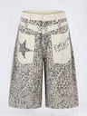Retro Leopard Print Work Clothes Color-blocked Embroidery 7 Points Jeans