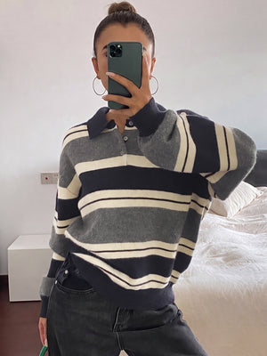 Casual Preppy Style Loose Striped Color-blocked Collar Half-open Knit Sweater