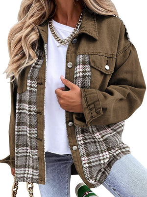 Long Sleeve Plaid Splicing Fasten Denim Jackets