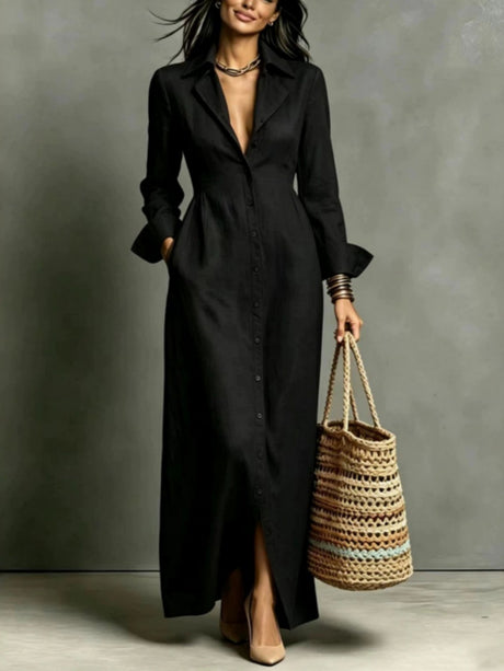 Casual Pocket Solid Color Button-Down Collar Long Sleeve Dress