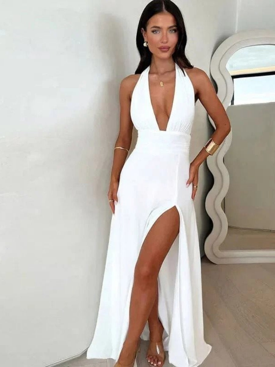 Halter Neck V-neck Slit Sleeveless Sexy Party Long Dress