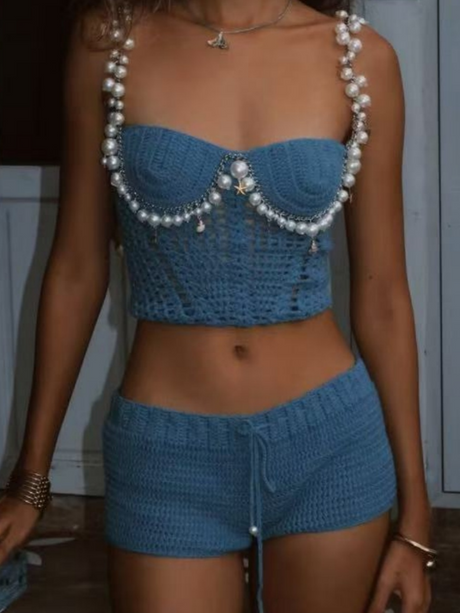 Solid Color Cropped Tank Top And Shorts Two-piece Set