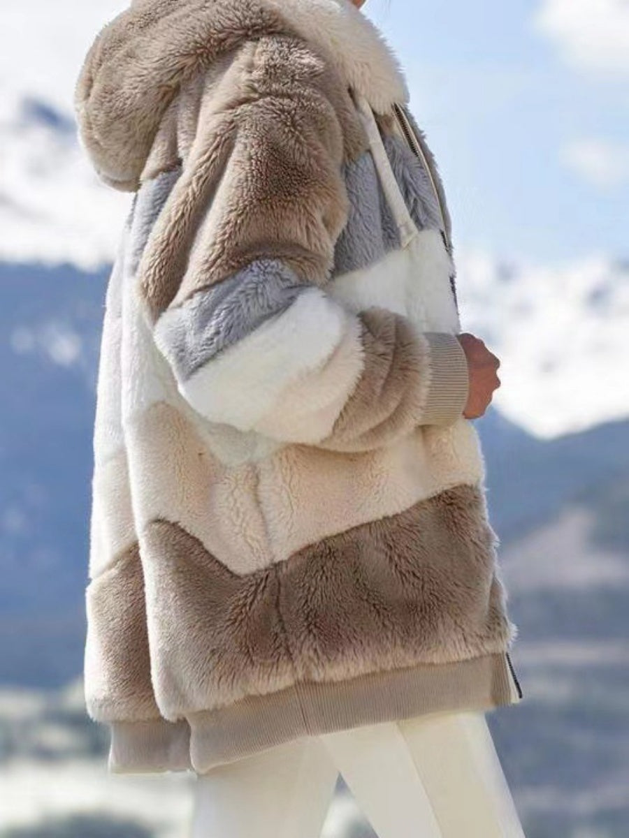 Loose Solid Color Plush Zipper Hood Color-block Jacket