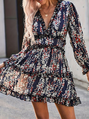 Floral Lace Deep V-neck Waist Puff Sleeve Sweet Mini&Short Dresses