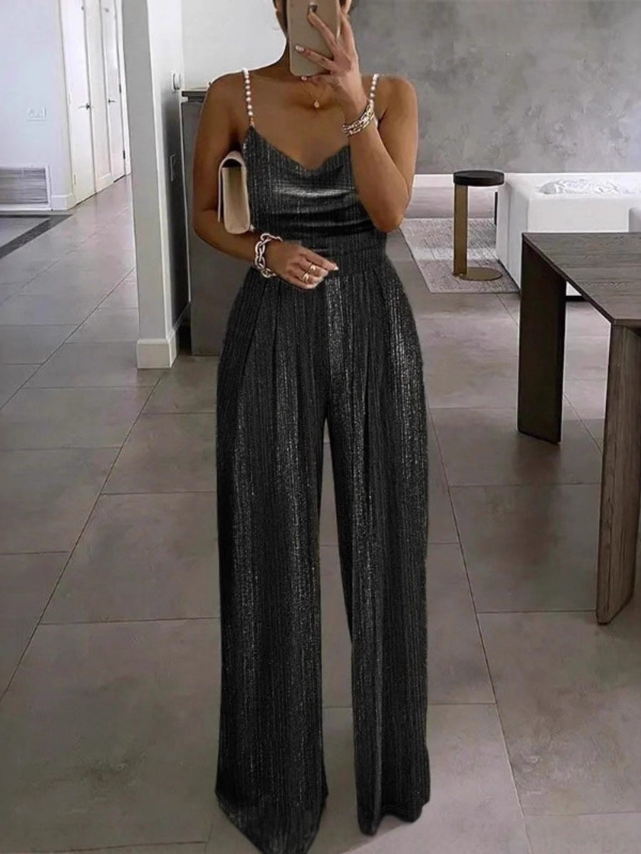 Wide-leg Pants Camisoles Waist Metallic Color Jumpsuits