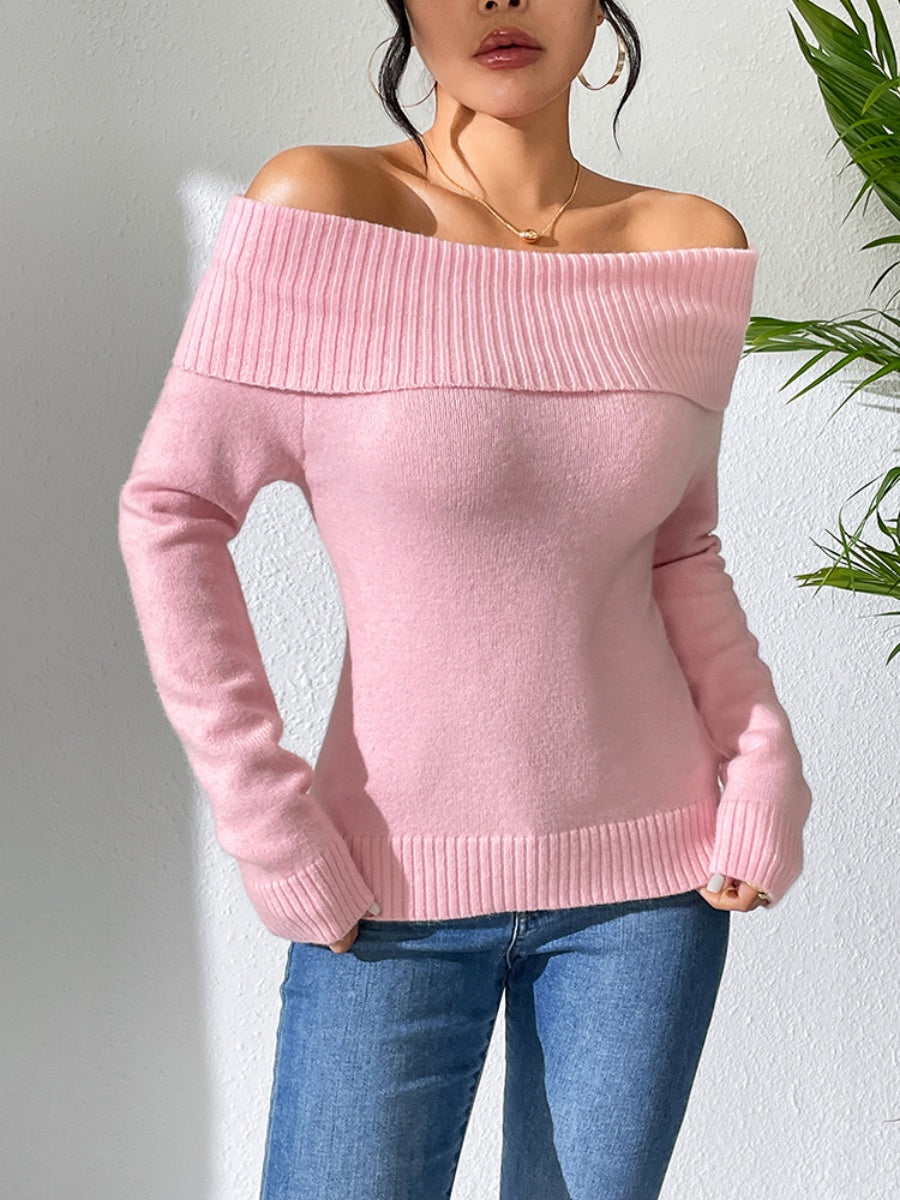 Liber Autumn women's knitted off-shoulder one-shoulder pullover mesh see-through top
