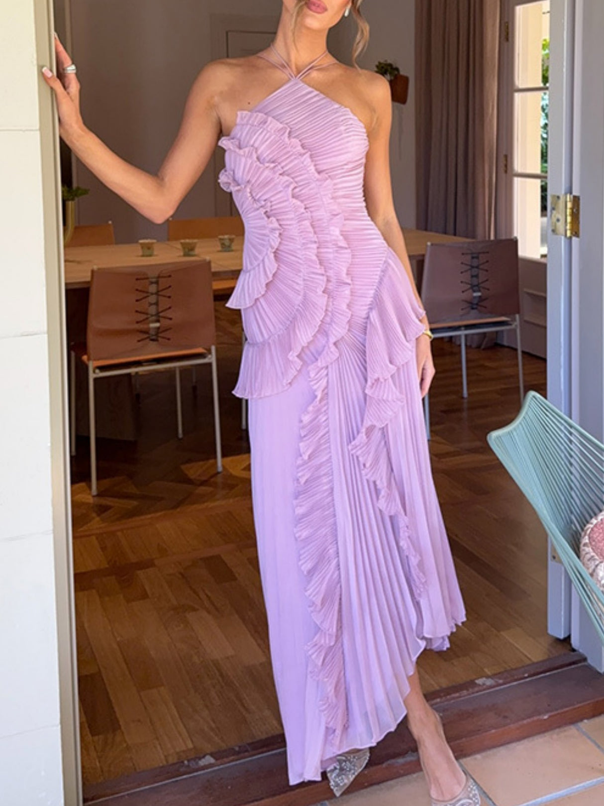 Ruffle Pleated Splicing Halter Neck Strap Maxi Dresses