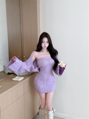Knitted Elegant Fashion Set: Long-sleeved, Waist-cinching Sweater And Strapless Dress Two-Piece Set