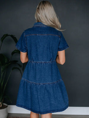 Denim Buttons Short-sleeved Collar Mini&Short Dresses