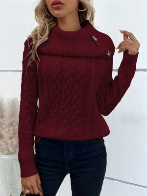 Turtleneck Buttons Raglan Sleeves Sweaters