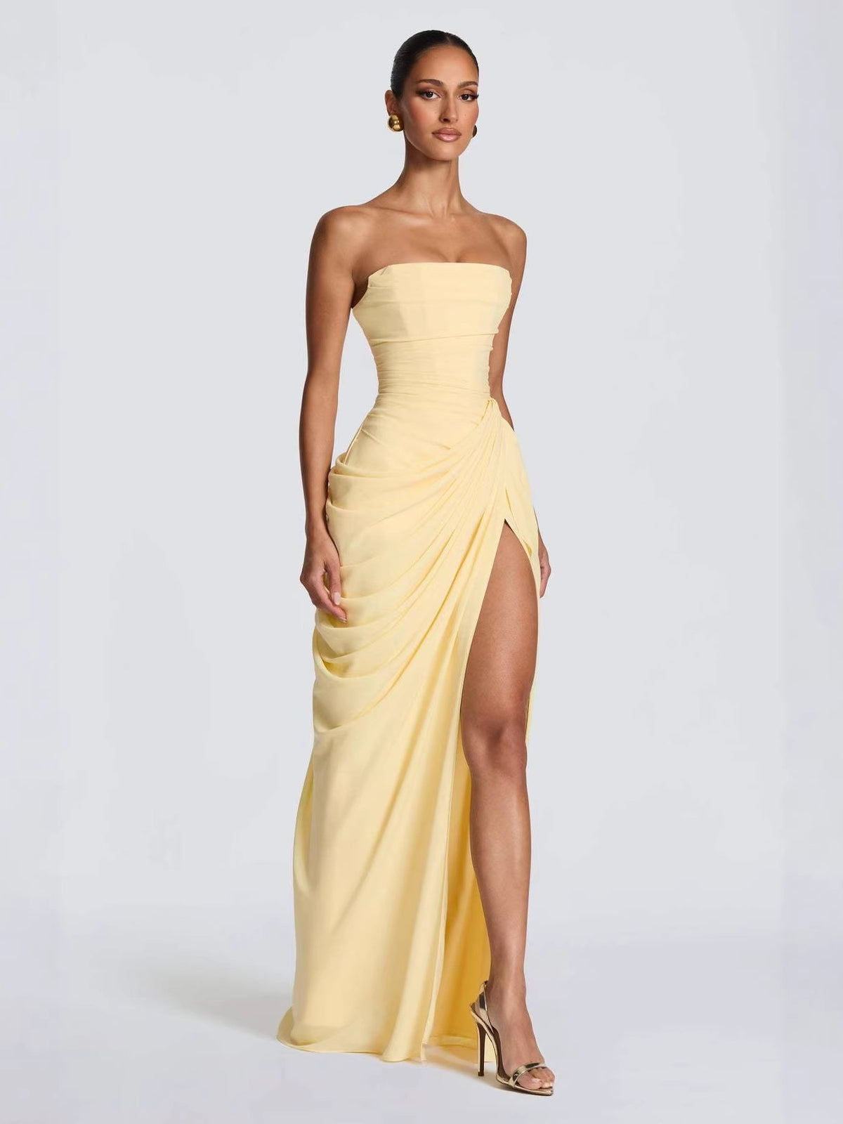 Asymmetrical Pleated Sexy High-slit Strapless Pleated Long Dress