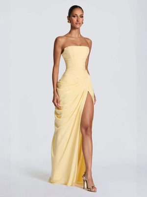 Asymmetrical Pleated Sexy High-slit Strapless Pleated Long Dress